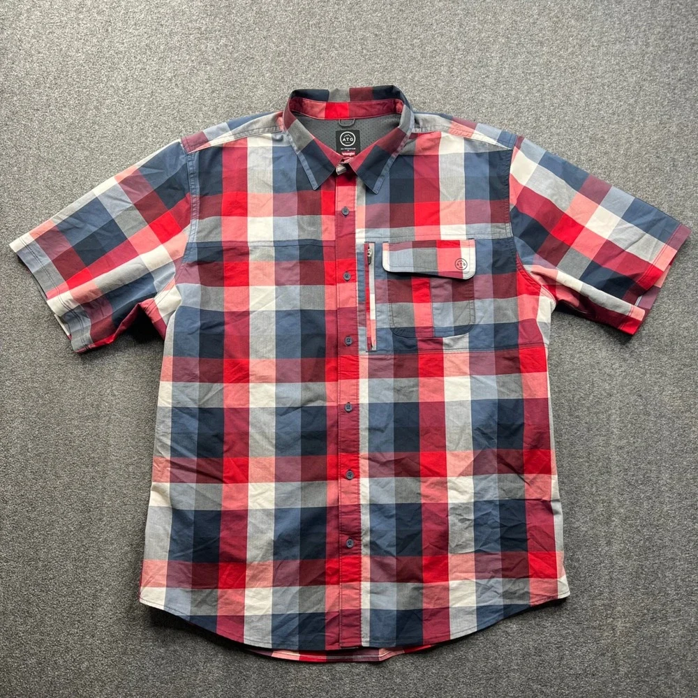 Wrangler ATG Shirt Mens XL Red Blue Plaid Short Sleeve All Terrain Gear Outdoor